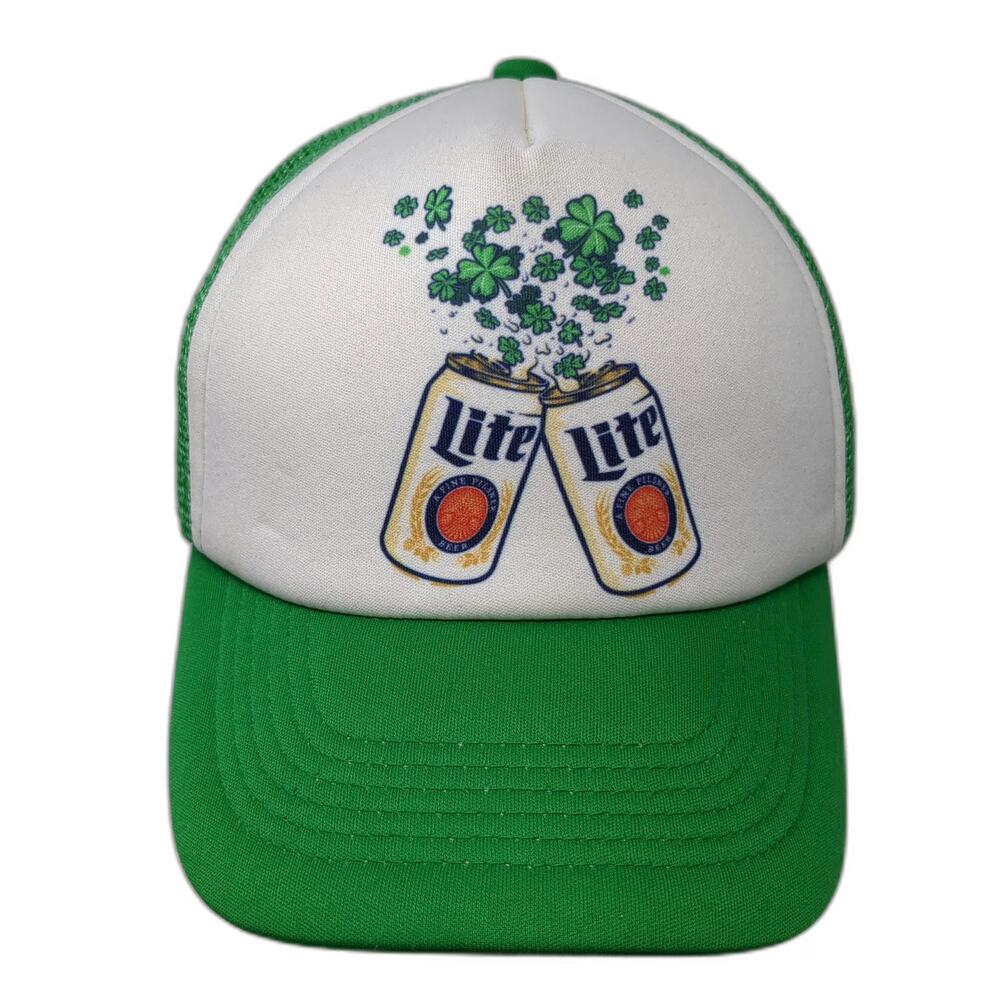 Miller Lite 5 Panel Hat Green One Size Mesh Trucker Beer St Patricks Day Clover
